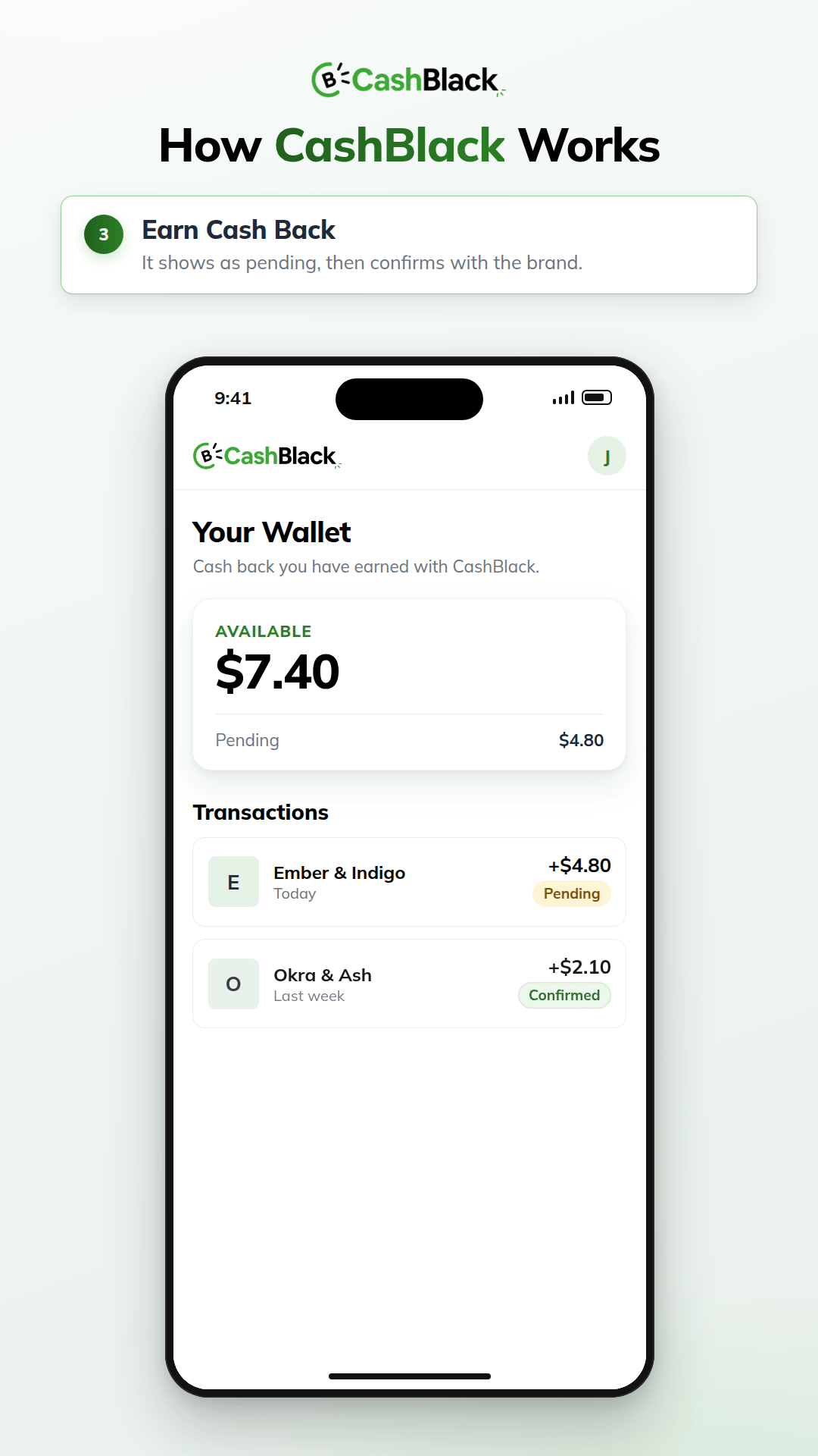 An animation of how CashBlack works, in four steps on a phone. Find a brand: a member searches CashBlack and picks a brand. Shop as usual: they tap Shop & Earn and place an order on the brand's site. Earn cash back: it shows in their wallet as pending, then confirms. Cash out: they request a cashout to PayPal.
